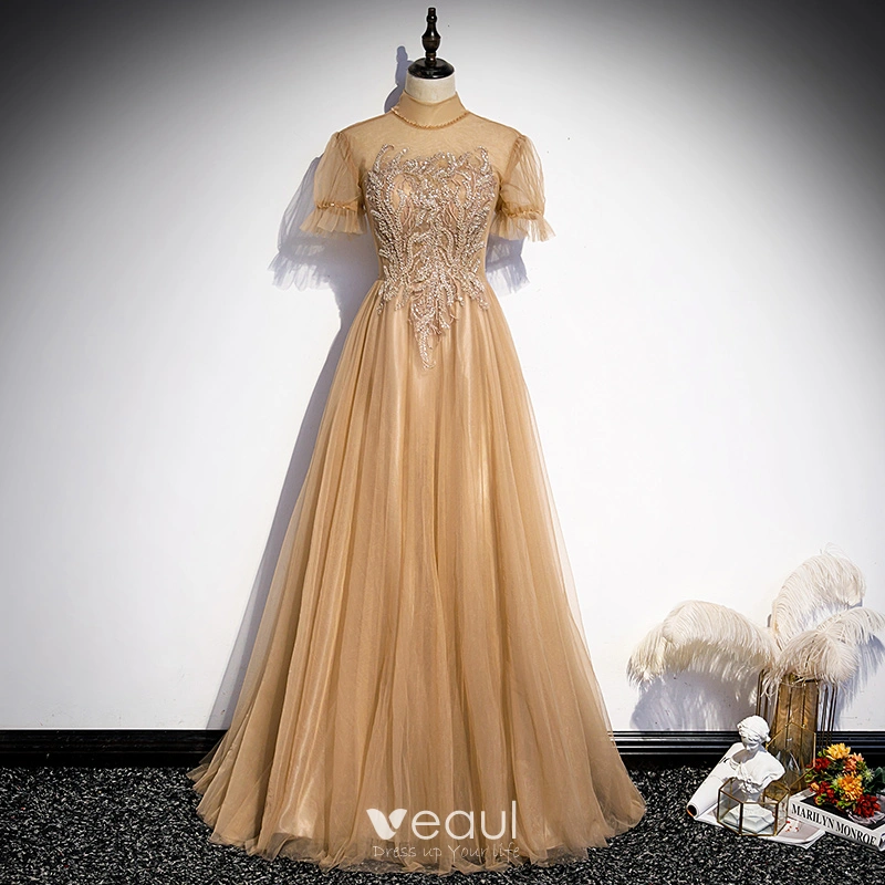 Flower Fairy Champagne 3D Lace Embroidered Floral Prom Dresses