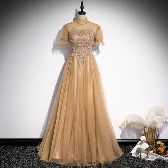 Elegante Champagne Galajurken 2021 A Lijn Hoge Kraag Kralen Kant Pailletten Korte Mouwen Ruglooze Lange Gala Gelegenheid Jurken