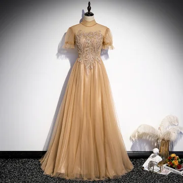 Élégant Champagne Robe De Bal 2021 Princesse Col Haut Perlage En Dentelle Paillettes Manches Courtes Dos Nu Longue Promo Robe De Ceremonie
