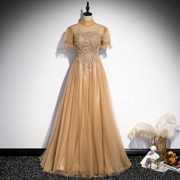 Élégant Champagne Robe De Bal 2021 Princesse Col Haut Perlage En Dentelle Paillettes Manches Courtes Dos Nu Longue Promo Robe De Ceremonie