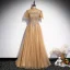 Élégant Champagne Robe De Bal 2021 Princesse Col Haut Perlage En Dentelle Paillettes Manches Courtes Dos Nu Longue Promo Robe De Ceremonie