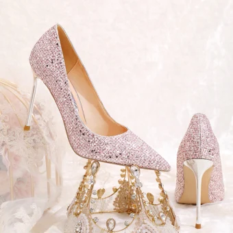 Sparkly Lovely Blushing Pink Sequins Wedding Shoes 2020 10 Cm Stiletto Heels Pointed Toe Wedding Pumps