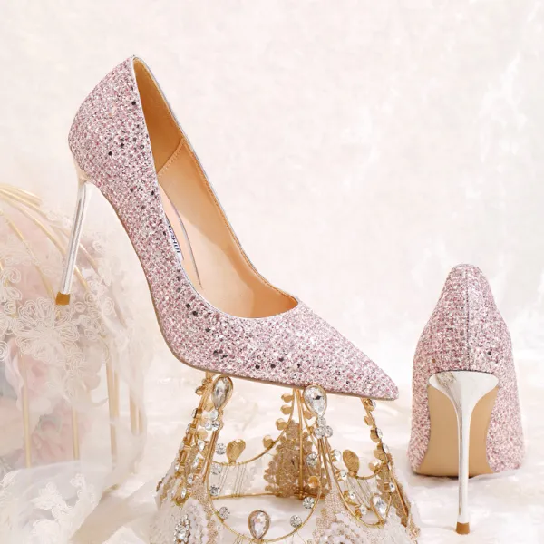 Sparkly Lovely Blushing Pink Sequins Wedding Shoes 2020 10 cm Stiletto Heels Pointed Toe Wedding Pumps