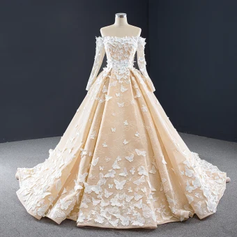 Luxury Gorgeous Champagne Lace Butterfly Wedding Dresses 2020 A Line Princess Off The Shoulder Long Sleeve Backless Chapel Train