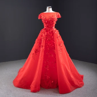 High End Red Pearl Appliques Wedding Dresses 2020 A Line Princess Square Neckline Short Sleeve Backless Watteau Train