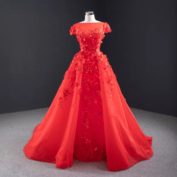 High-end Red Pearl Appliques Wedding Dresses 2020 A-Line / Princess Square Neckline Short Sleeve Backless Watteau Train