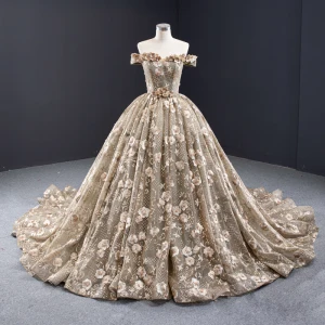 Haut De Gamme Kaki Robe De Bal 2023 Robe Boule De L Épaule Fait Main Perlage Perle Paillettes En Dentelle Fleur Sans Manches Dos Nu Royal Train