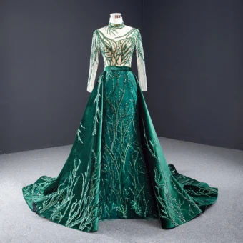 High End Dark Green Suede Evening Dresses 2023 Trumpet Mermaid High Neck Handmade Beading Sequins Lace Long Sleeve Backless Watteau Train Formal Dresses
