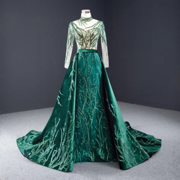 Haut De Gamme Vert Foncé Daim Robe De Soirée 2023 Trompette Sirène Col Haut Fait Main Perlage Paillettes En Dentelle Manches Longues Dos Nu Watteau Train Robe De Ceremonie