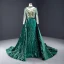 Haut de Gamme Vert Foncé Daim Robe De Soirée 2023 Trompette / Sirène Col Haut Fait main Perlage Paillettes En Dentelle Manches Longues Dos Nu Watteau Train Robe De Ceremonie