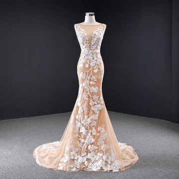 Haut De Gamme Champagne Robe De Mariée 2023 Trompette Sirène Encolure Dégagée En Dentelle Fleur Sans Manches Dos Nu Tribunal Train
