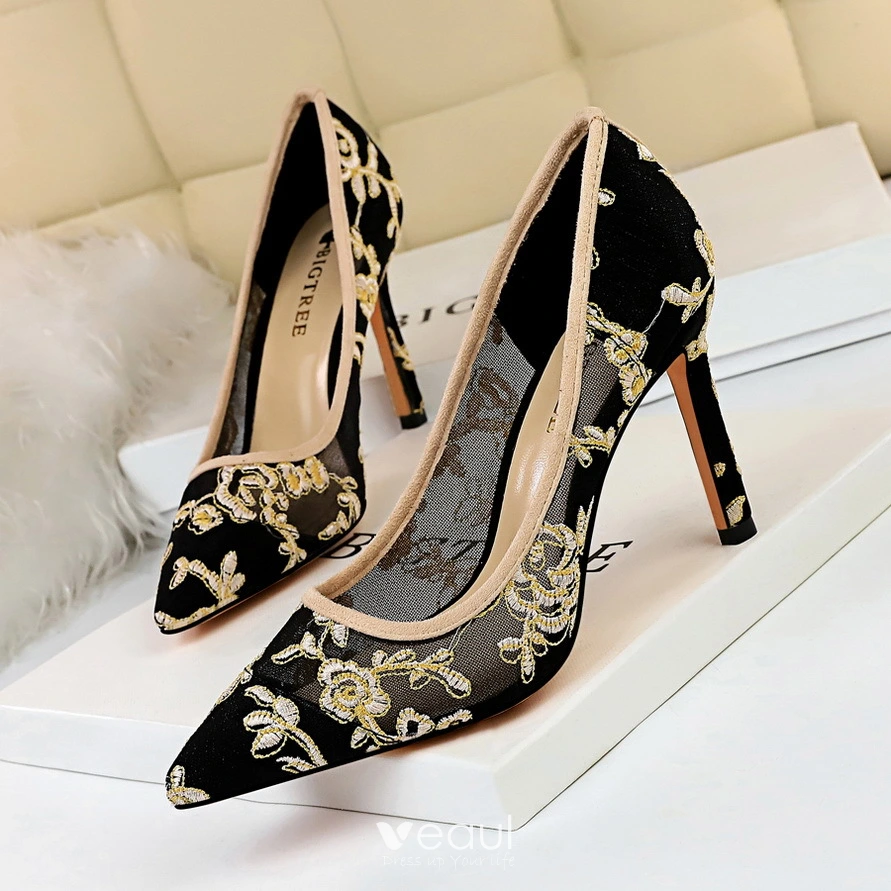 Mode Schwarz Gold Abend Pumps 2020 Spitze Blumen 9 cm Stilettos Spitzschuh Pumps