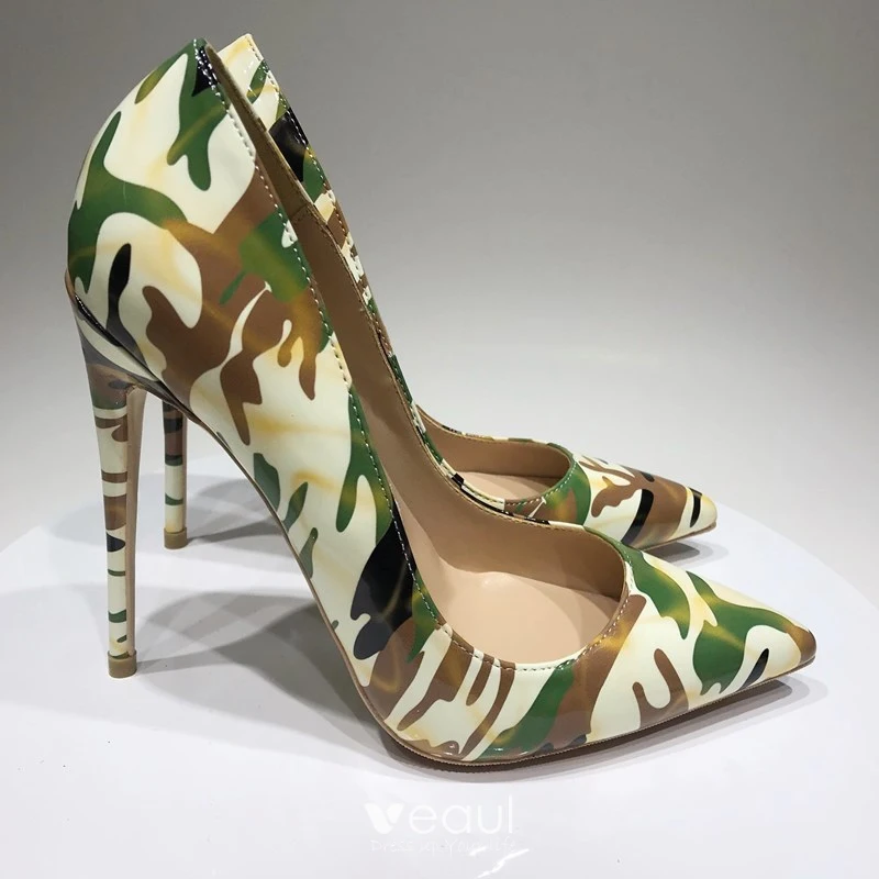 Unique Multi Couleurs Camouflage Vetement de rue Escarpins 2020 Cuir Verni 12 cm Talons Aiguilles A Bout Pointu Escarpins