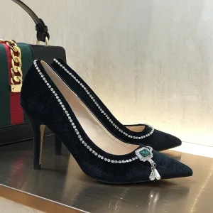 Chic Noire Soirée Faux Diamant Escarpins 2020 Daim 9 Cm Talons Aiguilles À Bout Pointu Escarpins