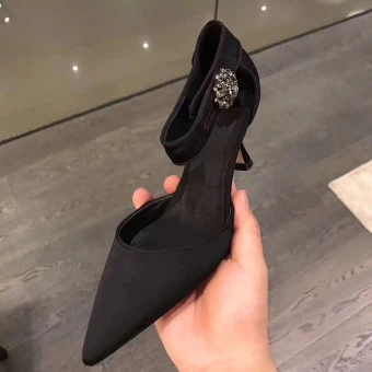 Chic Beautiful Black Casual Womens Shoes 2020 Leather Satin Rhinestone Ankle Strap 7 Cm Stiletto Heels Pointed Toe High Heels