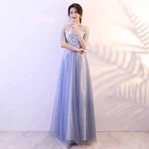 Abordable Bleu Ciel Robe De Bal 2018 Princesse En Dentelle Paillettes De L Épaule Dos Nu Manches Courtes Longue Robe De Ceremonie