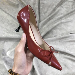 Chic Beautiful Burgundy Street Wear Leather Pumps 2020 Bow 3 Cm Stiletto Heels Pointed Toe Low Heel Pumps