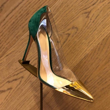 Mooie Prachtige Doorzichtig Twee Kleuren Donkergroen Straatkleding Pumps 2020 7 Cm Naaldhakken Stiletto Spitse Neus Pumps