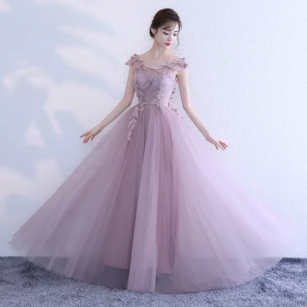 Chic / Beautiful Blushing Pink Prom Dresses 2018 A-Line / Princess Appliques Scoop Neck Backless Sleeveless Floor-Length / Long Formal Dresses