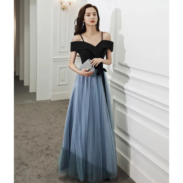 Chic / Beautiful Black Bow Prom Dresses 2021 A-Line / Princess Spaghetti Straps Short Sleeve Backless Floor-Length / Long Prom Formal Dresses