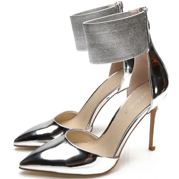 Chic / Beautiful Silver Evening Party Leather Womens Shoes 2020 Patent Leather 10 cm Stiletto Heels Pointed Toe High Heels