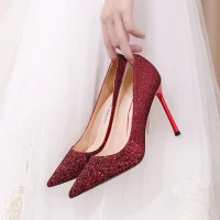 Błyszczące Burgund Cekiny Buty Ślubne 2020 10 cm Szpilki Szpiczaste Ślub Czółenka