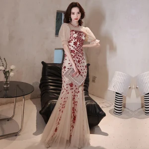 Encantador Champán Lentejuelas Vestidos De Noche 2021 Trumpet Mermaid Cuello Alto Manga Corta Largos Noche Vestidos Formales