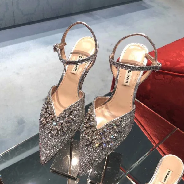 Scintillantes Argenté Soirée Cristal Chaussures Femmes 2020 Bride Cheville Faux Diamant Paillettes 8 cm Talons Aiguilles À Bout Pointu Talons Hauts