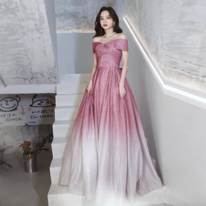 Mode Gradient Färg Godis Rosa Paljetter Balklänningar 2021 Prinsessa Av Axeln Korta Ärm Halterneck Rosett Långa Afton Formella Klänningar