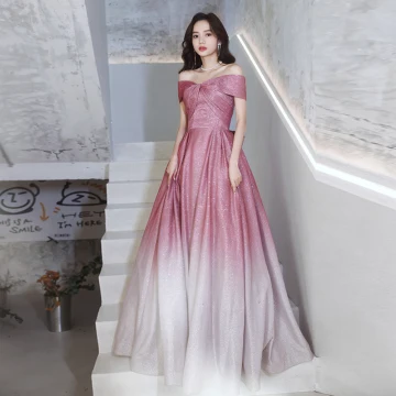 Mode Dégradé De Couleur Rose Bonbon Paillettes Robe De Bal 2021 Princesse De L 039 Épaule Manches Courtes Dos Nu Noeud Longue Soirée Robe De Ceremonie