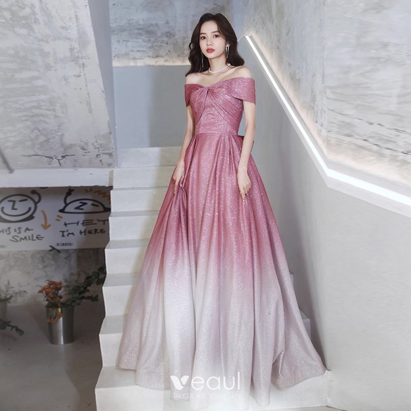 Off Shoulder Long A-line Gradient Sequin Prom Dresses Off Shoulder Long A-line Gradient Sequin Prom Dresses