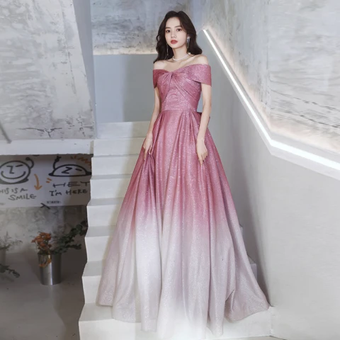 Mode Farbverlauf Pink Pailletten Ballkleider 2021 A Linie Off Shoulder Kurze Ärmel Rückenfreies Schleife Lange Abend Festliche Kleider
