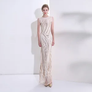 Sexy Champagne Robe De Soirée 2018 Trompette Sirène Paillettes Encolure Dégagée Sans Manches Longue Robe De Ceremonie