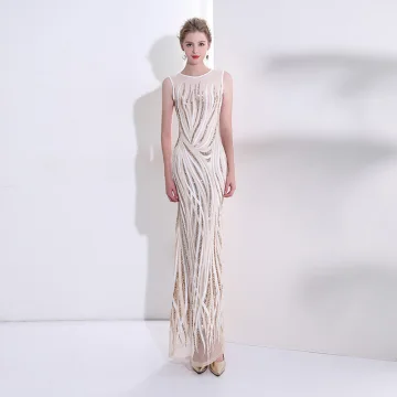 Sexy Champagne Evening Dresses 2018 Trumpet Mermaid Sequins Scoop Neck Sleeveless Floor Length Long Formal Dresses