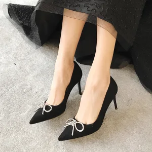 Chic Beautiful Black Dating Pumps 2020 Bow Rhinestone 8 Cm Stiletto Heels Pointed Toe Pumps