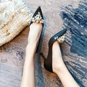 Chic Noire Soirée Satin Escarpins 2020 Fait Main Perle Faux Diamant 8 Cm Talons Aiguilles À Bout Pointu Escarpins