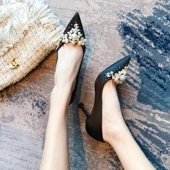 Chic Noire Soirée Satin Escarpins 2020 Fait Main Perle Faux Diamant 8 Cm Talons Aiguilles À Bout Pointu Escarpins