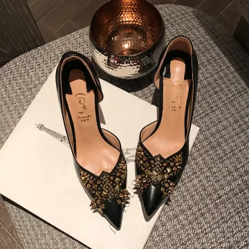 Mooie Prachtige Zwarte Avond Klinknagel Pumps 2020 8 Cm Naaldhakken Stiletto Spitse Neus Pumps