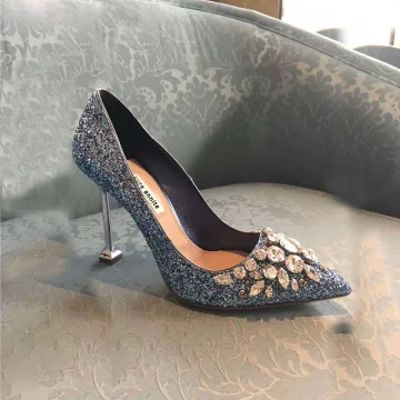 Glitter Hemelsblauw Avond Rhinestone Pumps 2020 Pailletten 9 Cm Naaldhakken Stiletto Spitse Neus Pumps