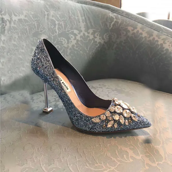 Sparkly Sky Blue Evening Party Rhinestone Pumps 2020 Sequins 9 cm Stiletto Heels Pointed Toe Pumps