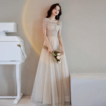 Charmant Champagner Perle Pailletten Ballkleider 2021 A Linie Off Shoulder Kurze Ärmel Lange Ball Festliche Kleider