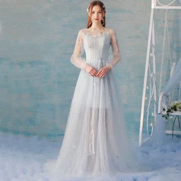 Elegant Sky Blue Summer Evening Dresses 2018 A Line Princess Lace Flower Beading Scoop Neck Backless Long Sleeve Sweep Train Formal Dresses