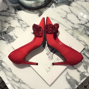 Chic Beautiful Red Dating Pumps 2020 Satin Crystal Bow 8 Cm Stiletto Heels Pointed Toe Pumps