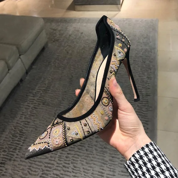 Chic Noire Cocktail Cuir Escarpins 2020 En Dentelle Brodé 9 cm Talons Aiguilles À Bout Pointu Escarpins