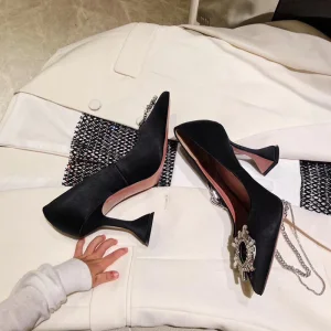 Chic Noire Cocktail Cuir Escarpins 2020 Cristal 9 Cm Talons Aiguilles À Bout Pointu Escarpins