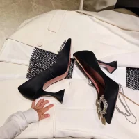Edles Schwarz Cocktail Leder Pumps 2020 Kristall 9 cm Stilettos Spitzschuh Pumps
