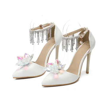 Charming Ivory Evening Party Crystal Womens Shoes 2020 Rhinestone Tassel Ankle Strap 11 Cm Stiletto Heels Pointed Toe Heels