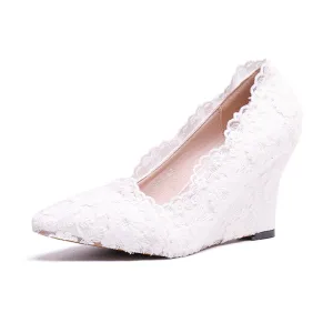 Chic Belle Ivoire Promo Chaussures Femmes 2020 En Dentelle Fleur À Bout Pointu 8 Cm Compensées