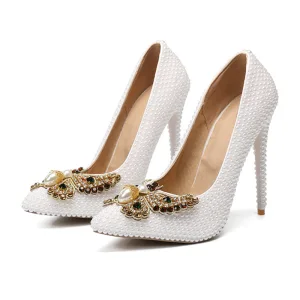 Fabuleux Ivoire Perle Chaussure De Mariée 2020 Faux Diamant Papillon 11 Cm Talons Aiguilles À Bout Pointu Mariage Escarpins