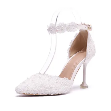Élégant Ivoire Promo Chaussures Femmes 2020 Perle En Dentelle Fleur Bride Cheville 8 Cm Talons Aiguilles À Bout Pointu Talons
